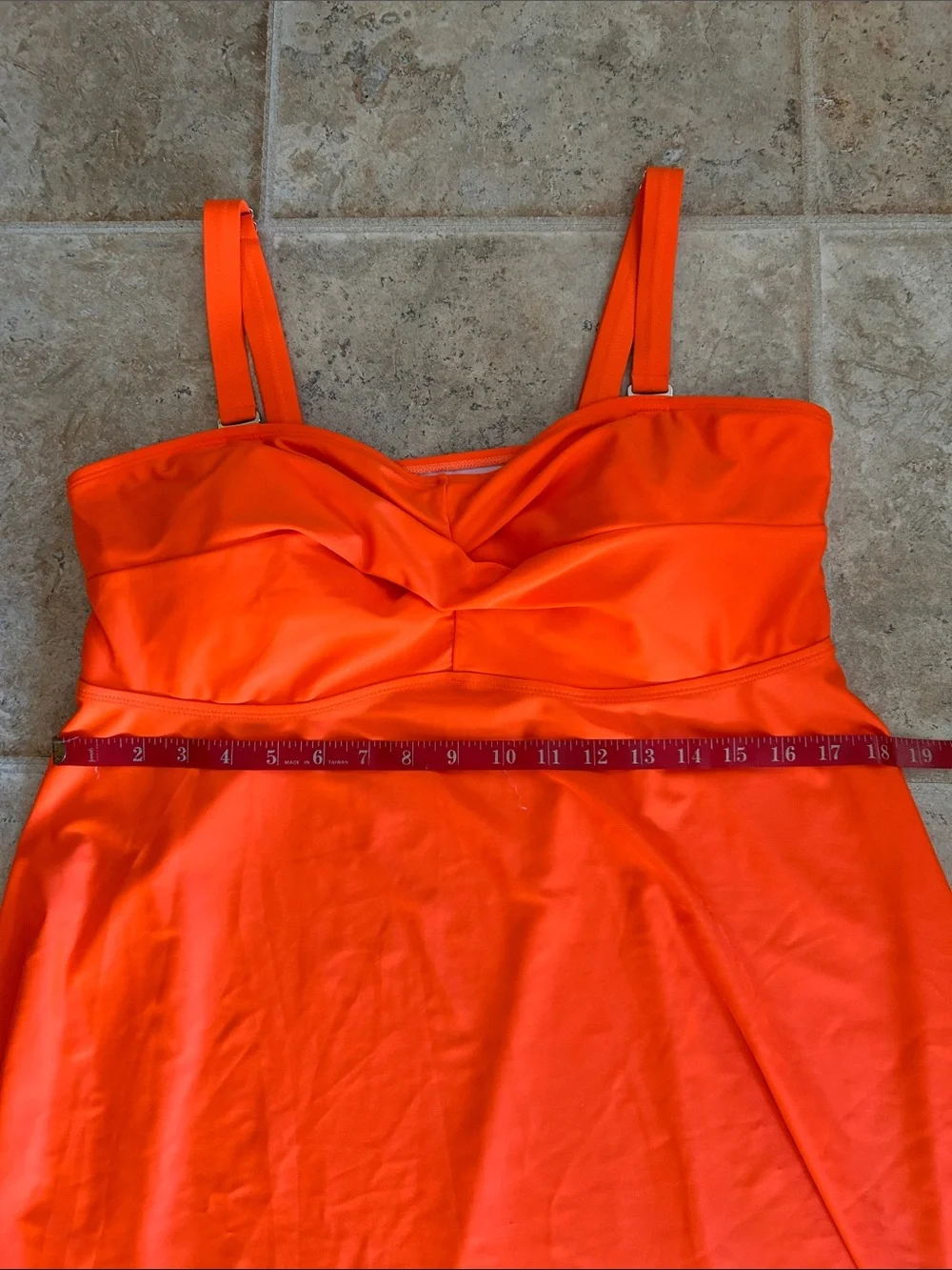 Women’s Orange Swim Suit with High-Waist Bottoms